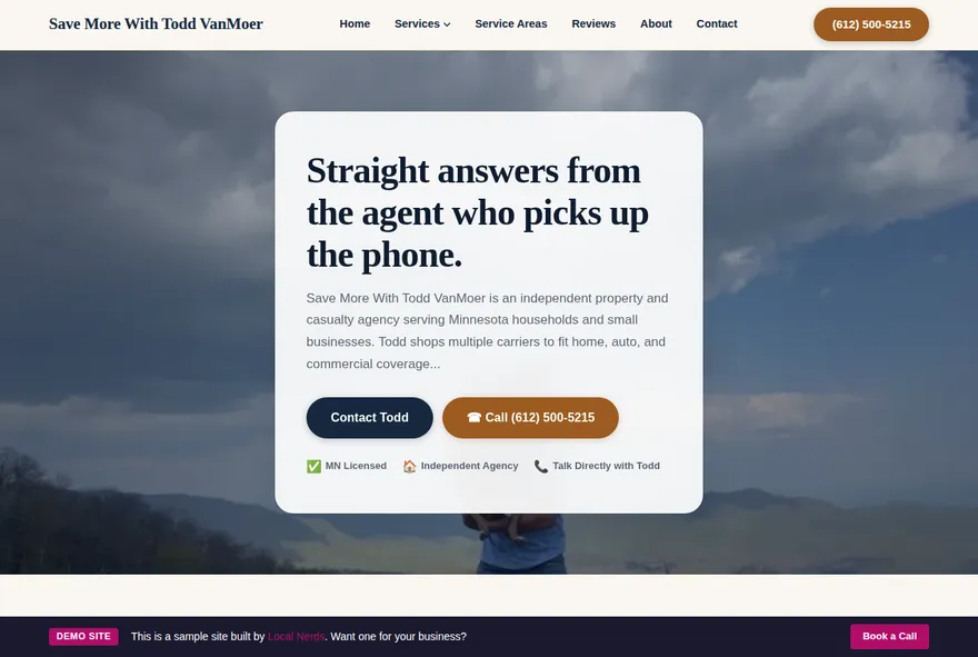 Homepage of the Quiet Confidence demo: navy serif headline on warm paper with a copper accent