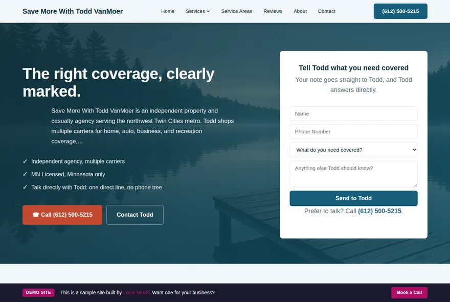 Homepage of the Wayfinder demo: pine and lake blue layout on ice with a red call button